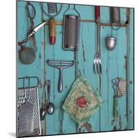 USA, Montana, Missoula. Old fashioned kitchen implements displayed on weathered door.-Jaynes Gallery-Mounted Photographic Print