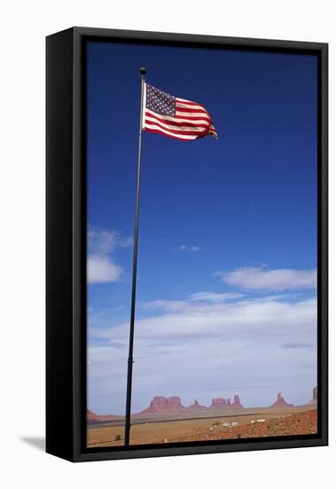 USA, Navajo Nation, Monument Valley, American Flag and Rock Formations-David Wall-Framed Stretched Canvas