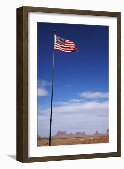 USA, Navajo Nation, Monument Valley, American Flag and Rock Formations-David Wall-Framed Photographic Print