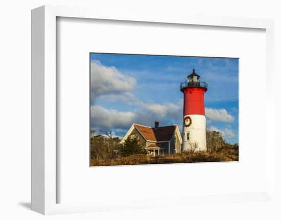 USA, New England, Massachusetts, Cape Cod, Eastham, Nauset Light lighthouse with Chrustmas wreath-Panoramic Images-Framed Photographic Print