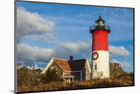 USA, New England, Massachusetts, Cape Cod, Eastham, Nauset Light lighthouse with Chrustmas wreath-Panoramic Images-Mounted Photographic Print