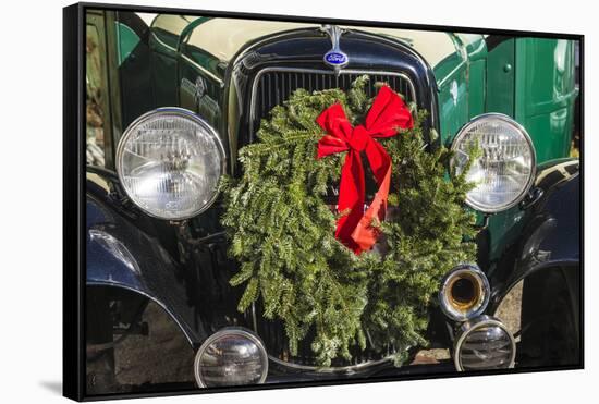 USA, New England, Massachusetts, Nantucket Island, Nantucket Town, old bus, with Christmas wreath-Panoramic Images-Framed Stretched Canvas