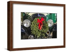 USA, New England, Massachusetts, Nantucket Island, Nantucket Town, old bus, with Christmas wreath-Panoramic Images-Framed Photographic Print