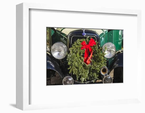 USA, New England, Massachusetts, Nantucket Island, Nantucket Town, old bus, with Christmas wreath-Panoramic Images-Framed Photographic Print