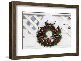 USA, New England, Massachusetts, Reading, Christmas wreath on fence-Lisa Engelbrecht-Framed Photographic Print