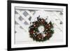 USA, New England, Massachusetts, Reading, Christmas wreath on fence-Lisa Engelbrecht-Framed Photographic Print