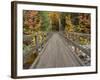 Usa, New Hampshire, Lincoln, fall foliage and suspension bridge over the Pemigewasset River.-Merrill Images-Framed Photographic Print