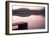 Usa, New Hampshire, Lyme. Dock and reflection of mountain in Hinman Pond at sunset.-Merrill Images-Framed Photographic Print