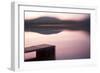 Usa, New Hampshire, Lyme. Dock and reflection of mountain in Hinman Pond at sunset.-Merrill Images-Framed Photographic Print