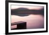 Usa, New Hampshire, Lyme. Dock and reflection of mountain in Hinman Pond at sunset.-Merrill Images-Framed Photographic Print