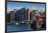 USA, New Hampshire, Portsmouth, waterfront buildings with tugboat-Walter Bibikow-Framed Photographic Print