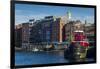 USA, New Hampshire, Portsmouth, waterfront buildings with tugboat-Walter Bibikow-Framed Photographic Print