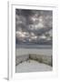 USA, New Jersey, Cape May National Seashore. Beach fence and stormy sunrise.-Jaynes Gallery-Framed Photographic Print