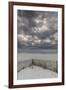 USA, New Jersey, Cape May National Seashore. Beach fence and stormy sunrise.-Jaynes Gallery-Framed Photographic Print