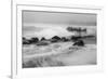 USA, New Jersey, Cape May National Seashore. Black and white of beach waves and old pier.-Jaynes Gallery-Framed Photographic Print