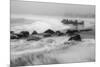 USA, New Jersey, Cape May National Seashore. Black and white of beach waves and old pier.-Jaynes Gallery-Mounted Photographic Print