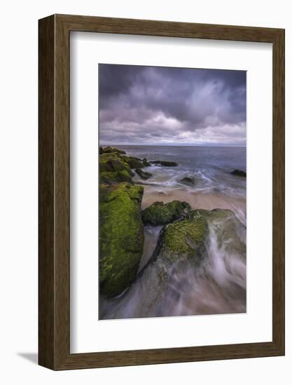 USA, New Jersey, Cape May National Seashore. Storm waves and moss-covered rocks.-Jaynes Gallery-Framed Photographic Print