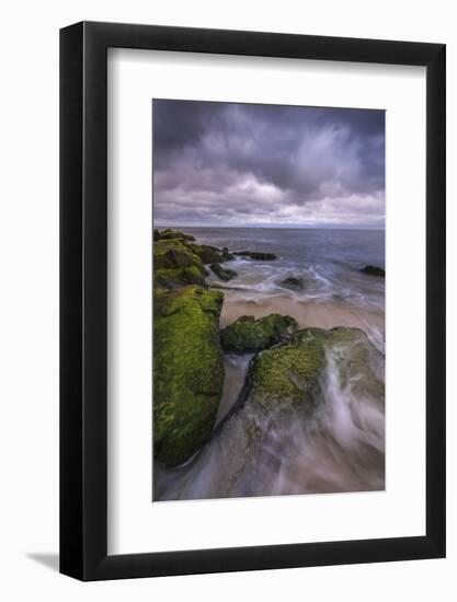 USA, New Jersey, Cape May National Seashore. Storm waves and moss-covered rocks.-Jaynes Gallery-Framed Photographic Print
