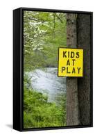 USA, New Jersey, Pottersville, Lamington River. 'Kids at Play' Sign-Alison Jones-Framed Stretched Canvas