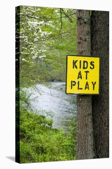 USA, New Jersey, Pottersville, Lamington River. 'Kids at Play' Sign-Alison Jones-Stretched Canvas