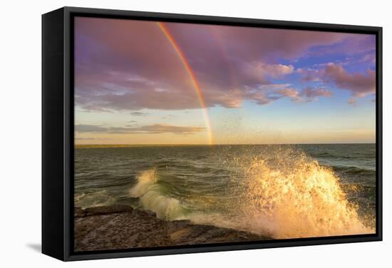 USA, New York, Lake Ontario, Clark's Point. Double rainbow over lake.-Fred Lord-Framed Stretched Canvas