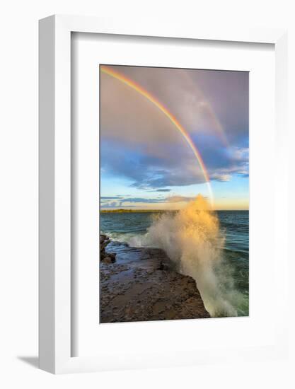 USA, New York, Lake Ontario, Clark's Point. Double rainbow over lake.-Fred Lord-Framed Photographic Print