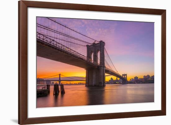 Usa, New York, Manhattan, Brooklyn Bridge and Manhattan Bridge across the East River at Sunrise-Alan Copson-Framed Photographic Print