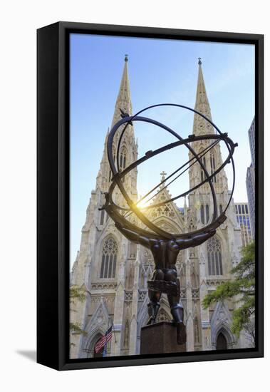 Usa, New York, New York City, Manhattan, Rockefeller Center, Atlas Statue and St Patricks Cathedral-Michele Falzone-Framed Stretched Canvas