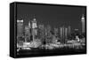 USA, New York, New York City, Panoramic view of the West side skyline at night (Black And White)-null-Framed Stretched Canvas