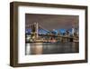 USA, New York. The Brooklyn Bridge and New York City skyline from DUMBO.-Hollice Looney-Framed Photographic Print