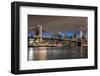 USA, New York. The Brooklyn Bridge and New York City skyline from DUMBO.-Hollice Looney-Framed Photographic Print