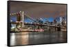 USA, New York. The Brooklyn Bridge and New York City skyline from DUMBO.-Hollice Looney-Framed Stretched Canvas