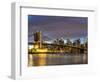 USA, New York. The Brooklyn Bridge and New York City skyline from DUMBO.-Hollice Looney-Framed Photographic Print