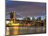 USA, New York. The Brooklyn Bridge and New York City skyline from DUMBO.-Hollice Looney-Mounted Photographic Print