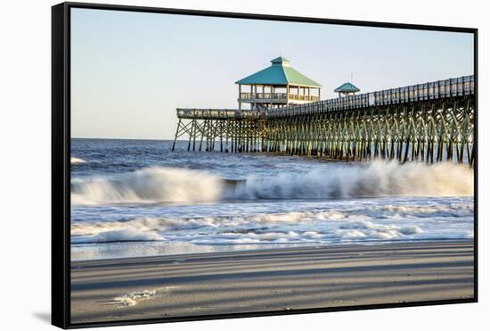 USA, North Carolina. Folly Beach, Surf at the Pier on the Beach-Hollice Looney-Framed Stretched Canvas