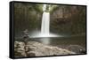 USA, Oregon, Abiqua Falls. Waterfall over cliff of columnar basalt and rock stack.-Jaynes Gallery-Framed Stretched Canvas