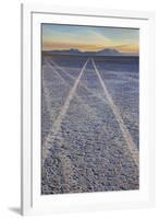 USA, Oregon, Alvord Desert. Tire tracks on precipitated mineral salt playa.-Jaynes Gallery-Framed Photographic Print