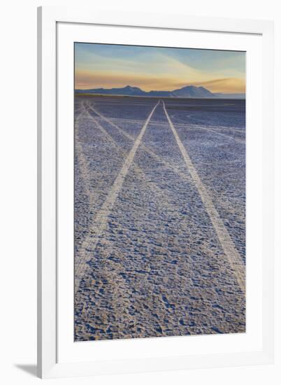 USA, Oregon, Alvord Desert. Tire tracks on precipitated mineral salt playa.-Jaynes Gallery-Framed Photographic Print