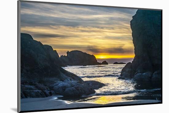 USA, Oregon, Bandon Beach. Pacific Ocean sea stacks at sunset.-Jaynes Gallery-Mounted Photographic Print