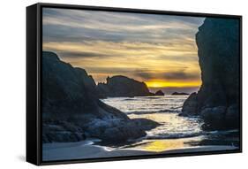 USA, Oregon, Bandon Beach. Pacific Ocean sea stacks at sunset.-Jaynes Gallery-Framed Stretched Canvas