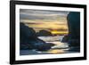 USA, Oregon, Bandon Beach. Pacific Ocean sea stacks at sunset.-Jaynes Gallery-Framed Photographic Print