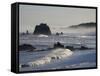 Usa, Oregon, Bandon. Bullards Beach State Park, sea stacks and waves.-Merrill Images-Framed Stretched Canvas