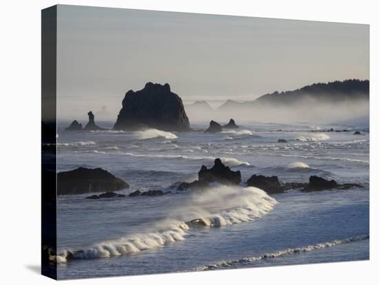 Usa, Oregon, Bandon. Bullards Beach State Park, sea stacks and waves.-Merrill Images-Stretched Canvas