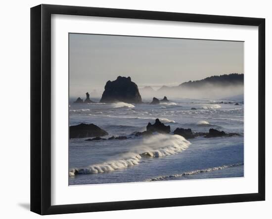 Usa, Oregon, Bandon. Bullards Beach State Park, sea stacks and waves.-Merrill Images-Framed Photographic Print