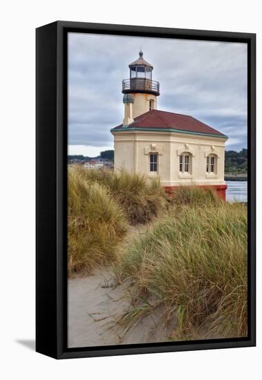USA, Oregon, Bandon. Scenic of Coquille River Lighthouse-Jean Carter-Framed Stretched Canvas