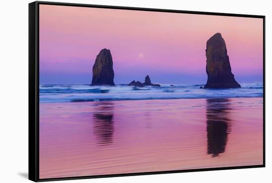 USA, Oregon, Bandon. Sunrise on beach sea stacks.-Jaynes Gallery-Framed Stretched Canvas