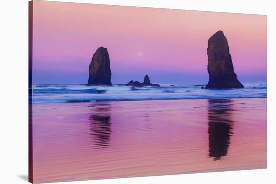 USA, Oregon, Bandon. Sunrise on beach sea stacks.-Jaynes Gallery-Stretched Canvas