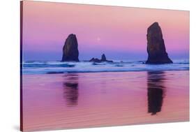 USA, Oregon, Bandon. Sunrise on beach sea stacks.-Jaynes Gallery-Stretched Canvas