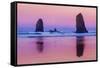 USA, Oregon, Bandon. Sunrise on beach sea stacks.-Jaynes Gallery-Framed Stretched Canvas