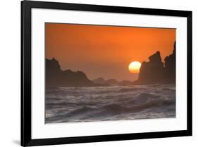 USA, Oregon, Bandon. Sunset on sea stacks and ocean.-Jaynes Gallery-Framed Premium Photographic Print